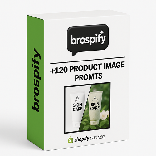 Packaging for Brospify AI Product Image Prompts set, featuring box design with +120 product image prompts.